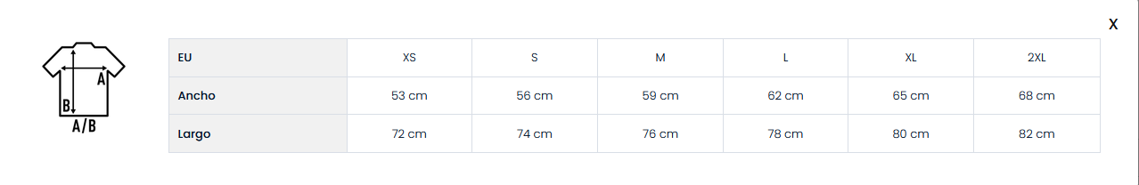 Tabla de tallas ISO: ancho y largo en cm para XS, S, M, L, XL y 2XL
